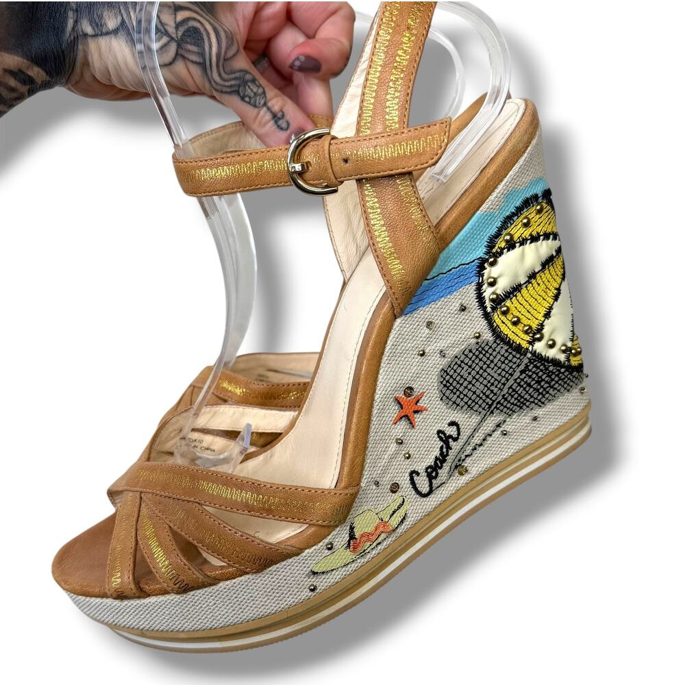 COACH Caroline Tan Leather Beach Embroidered Motifs Wedge Platform Sandals - Picture 6 of 16